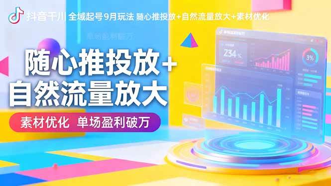 (16405期)抖音千川全域起号9月玩法 随心推投放+自然流量放大+素材优化 单场盈利破万