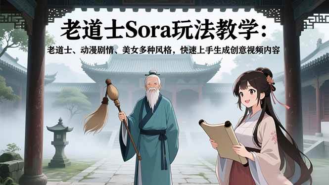 (16862期)老道士Sora玩法教学:老道士、动漫剧情、美女多种风格,快速上手生成创意视频内容