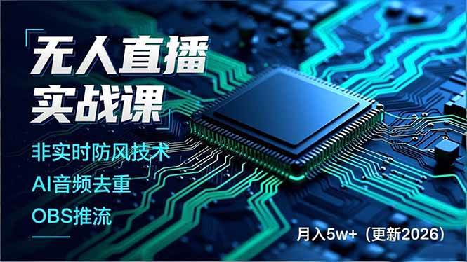 (17113期)无人直播实战课,非实时防风技术、AI音频去重、OBS推流,建立技术壁垒,月入5w+(更新2026)