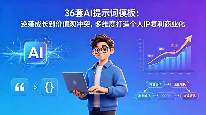 (18630期)36套AI提示词模板:逆袭成长到价值观冲突,多维度打造个人IP复利商业化