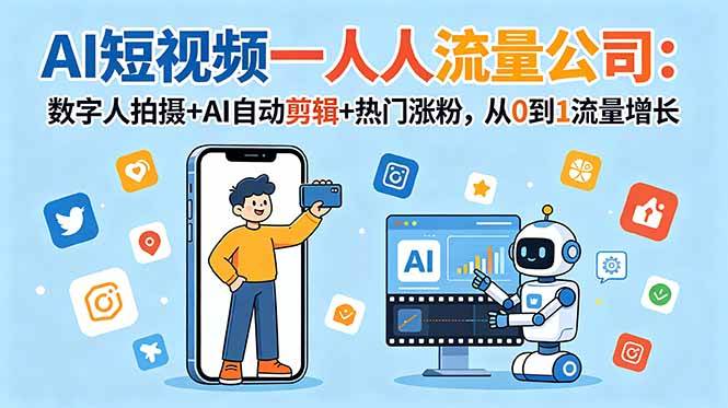 (18864期)AI短视频一人流量公司:数字人拍摄+AI自动剪辑+热门涨粉,从0到1流量增长