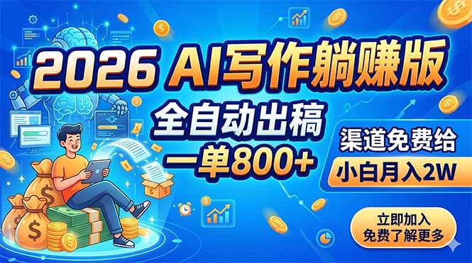 (18885期)2026 AI写作躺赚版:全自动出稿,一单800+,渠道免费给,小白月入2W