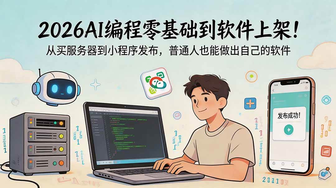(18905期)2026AI编程零基础到软件上架!从买服务器到小程序发布,普通人也能做出自己的软件