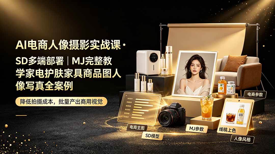 (19262期)AI电商人像摄影实战课·SD多端部署|MJ完整教学|家电护肤家具商品图人像写真全案例