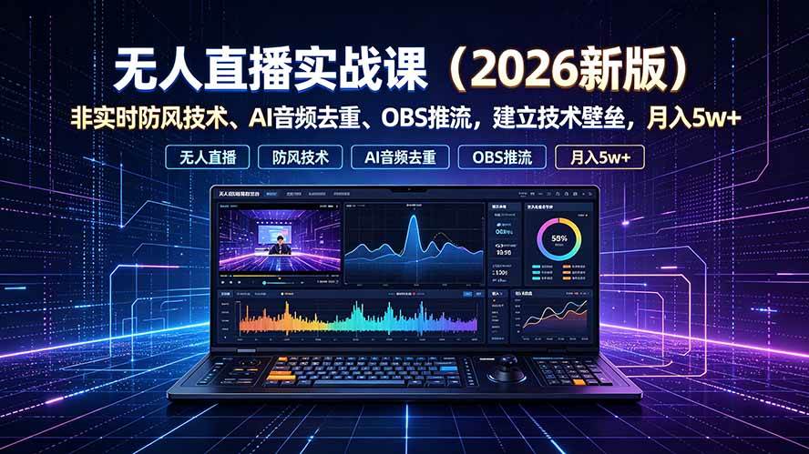 (19292期)无人直播实战课(更新7月),非实时防风技术、AI音频去重、OBS推流,建立技术壁垒,月入5w+