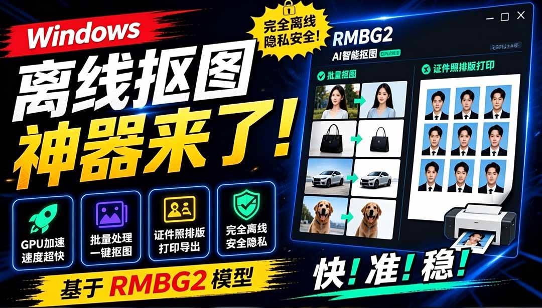 (19357期)Windows离线抠图神器来了!支持批量抠图 + 证件照排版打印,基于RMBG2模型,GPU加速 方块AI抠图