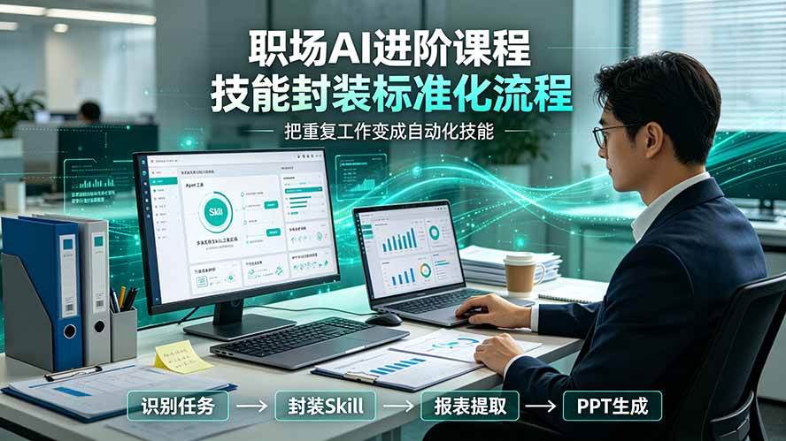 (19369期)职场AI进阶课程;多类实用Skill工具实操,专属技能封装标准化流程,报表行业报告一键提取核心内容