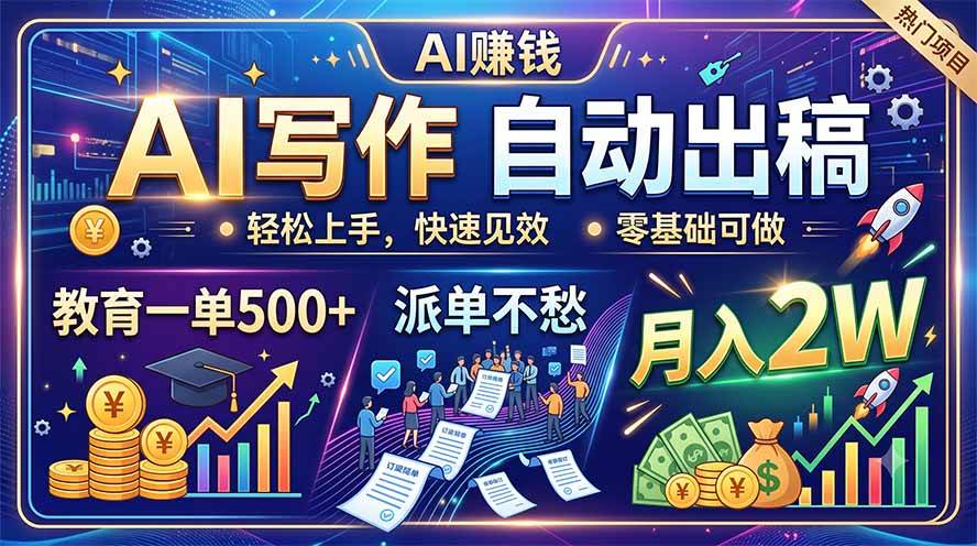 (19614期)AI写作自动出稿,教育一单500+,派单不愁,月入2W