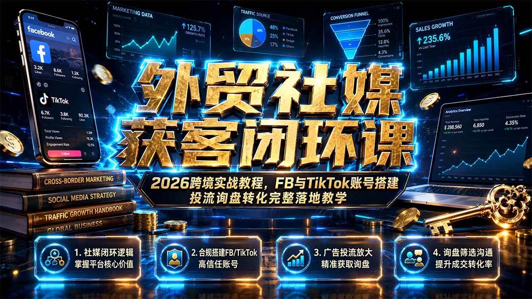 (19611期)外贸社媒获客闭环课|2026跨境实战教程,FB与TikTok账号搭建投流询盘转化完整落地教学