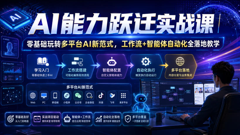 AI能力跃迁实战课|零基础玩转多平台AI新范式,工作流+智能体自动化全落地教学