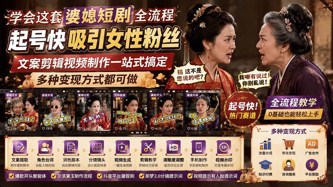 (19704期)学会这套婆媳短剧全流程:起号快吸引女性粉丝,文案剪辑视频制作一站式搞定,多种变现方式都可做