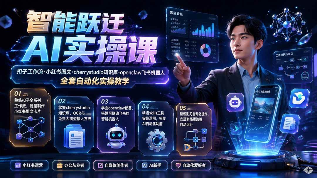 (19653期)智能跃迁 AI实操课|扣子工作流小红书图文搭建,cherrystudio知识库openclaw飞书机器人全套自动化实操教学