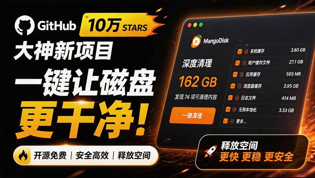 (19894期)在Gtihub上做出10万 stars 的大神,又发布新项目了!一键让磁盘更干净,开源免费清理工具 MangoDisk