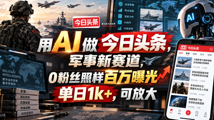 用AI做今日头条,军事新赛道,0粉丝照样百万曝光,单日1k+,可放大