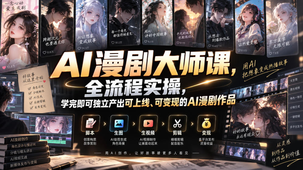 AI漫剧大师课,全流程实操,学完即可独立产出可上线、可变现的AI漫剧作品