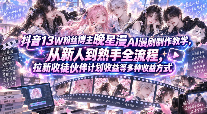 抖音13W粉丝博主晚星漫AI漫剧制作教学,从新人到熟手全流程,拉新收徒伙伴计划收益等多种收益方式,单日1K+