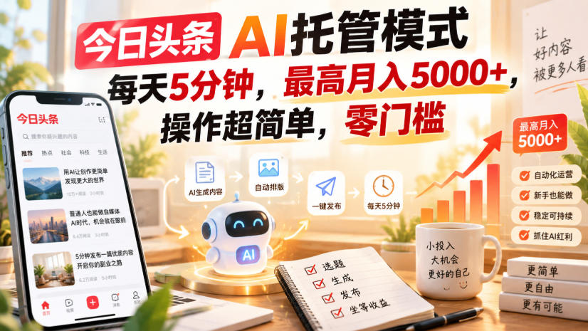 今日头条AI托管模式,每天5分钟,最高月入5000+,操作超简单,零门槛【揭秘】