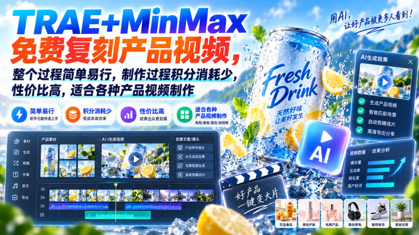 TRAE+MinMax免费复刻产品视频,整个过程简单易行,制作过程积分消耗少,性价比高,适合各种产品视频制作