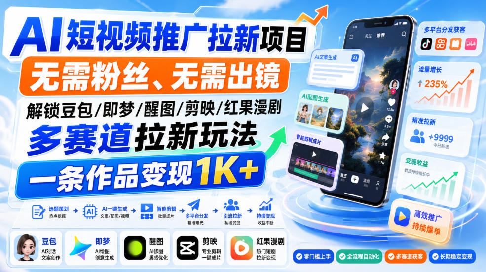 AI短视频推广拉新项目,无需粉丝、无需出镜,解锁豆包/即梦/醒图/剪映/红果漫剧多赛道拉新玩法,一条作品变现1K+(更新0910)