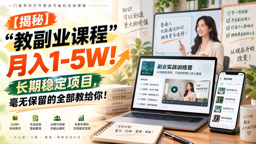 【揭秘】“教副业课程”月入1-5W!长期稳定项目,毫无保留的全部教给你!