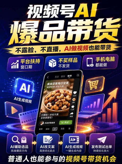视频号Ai爆品带货,不露脸、不直播、不买样品、不开店、不发货,AI做视频也能带货,轻松单日佣金1k+