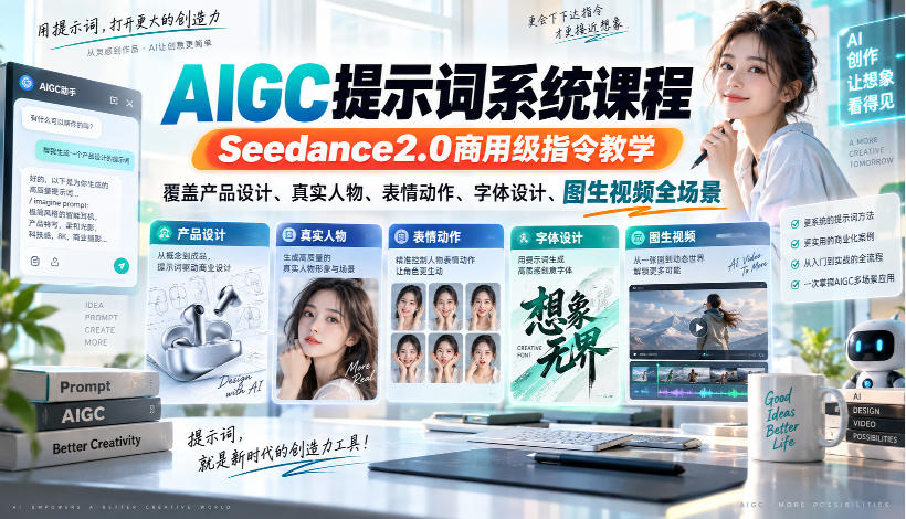 AIGC提示词系统课程,Seedance2.0商用级指令教学,覆盖产品设计、真实人物、表情动作、字体设计、图生视频全场景