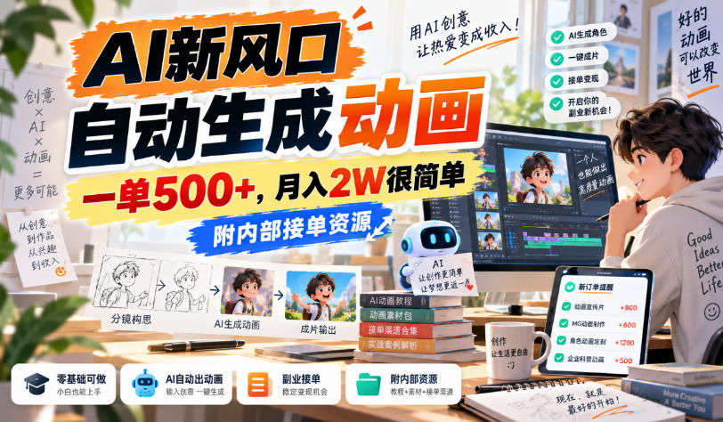 AI新风口,自动生成动画,一单500+,月入2W很简单,附内部接单资源【揭秘】