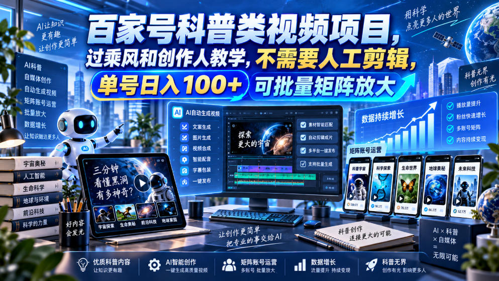 百家号科普类视频项目,过乘风和创作人教学,不需要人工剪辑,单号日入100+可批量矩阵放大