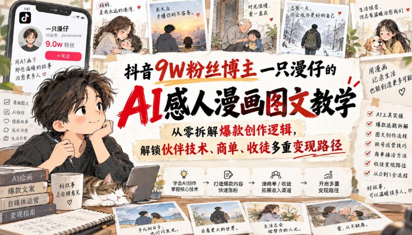 抖音9W粉丝博主一只漫仔的AI感人漫画图文教学,从零拆解爆款创作逻辑,解锁伙伴技术、商单、收徒多重变现路径