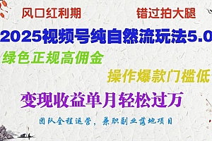 2025视频号纯自然流玩法5.0,绿色正规高佣金,操作爆款门槛低,变现收益单月轻松过万