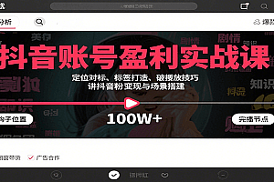 抖音账号盈利实战课,定位对标、标签打造、破播放技巧,讲涨粉变现与场景搭建
