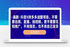 高鹏·抖音X拼多多运营项目，不需要出镜、直播、拍视频，不需要花钱推广，不用囤货，不用自己发货