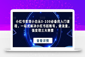 小红书变现小白从0-100必备的入门课程，一站式解决小红书起账号，做流量，强变现三大刚需