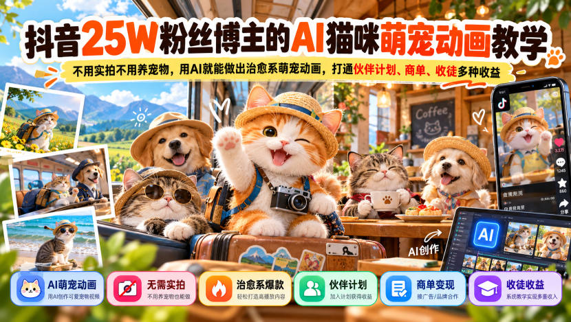 抖音25W粉丝博主的AI猫咪萌宠动画教学,不用实拍不用养宠物,用AI就能做出治愈系萌宠动画,打通伙伴计划、商单、收徒多种收益