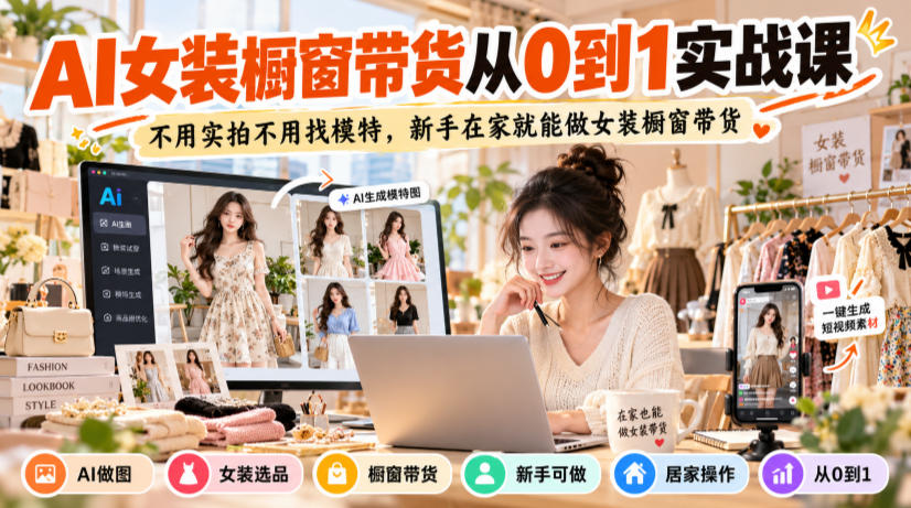 AI女装橱窗带货从0到1实战课,不用实拍不用找模特,新手在家就能做女装橱窗带货