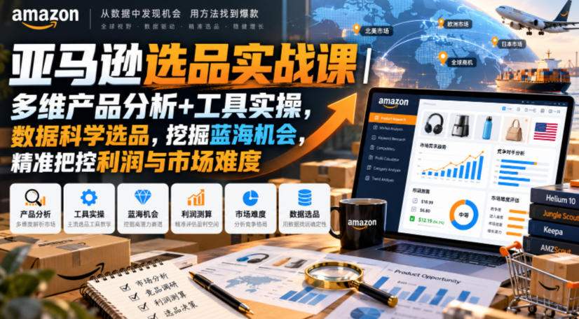 亚马逊选品实战课|多维产品分析+工具实操,数据科学选品,挖掘蓝海机会,精准把控利润与市场难度