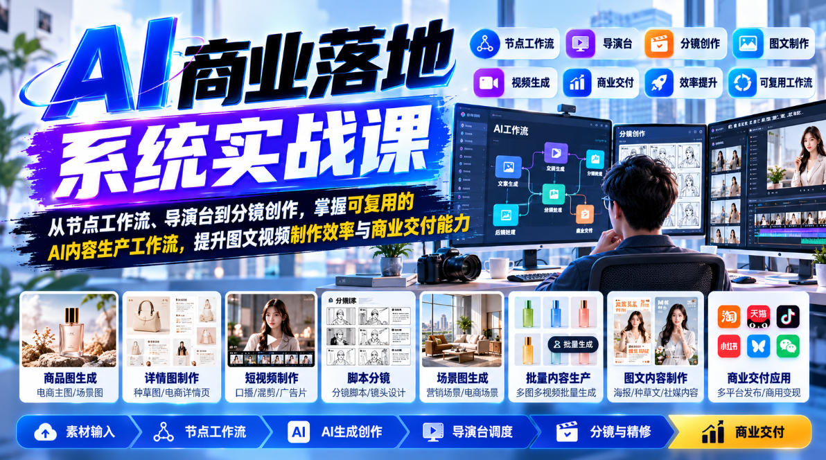 【无水印】AI商业落地系统实战课,从节点工作流、导演台到分镜创作,掌握可复用的AI内容生产工作流,提升图文视频制作效率与商业交付能力