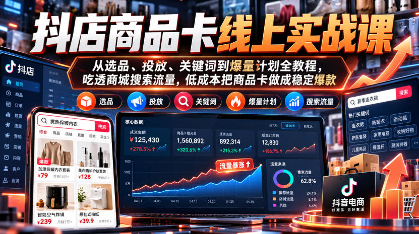 抖店商品卡线上实战课|从选品、投放、关键词到爆量计划全教程,吃透商城搜索流量,低成本把商品卡做成稳定爆款