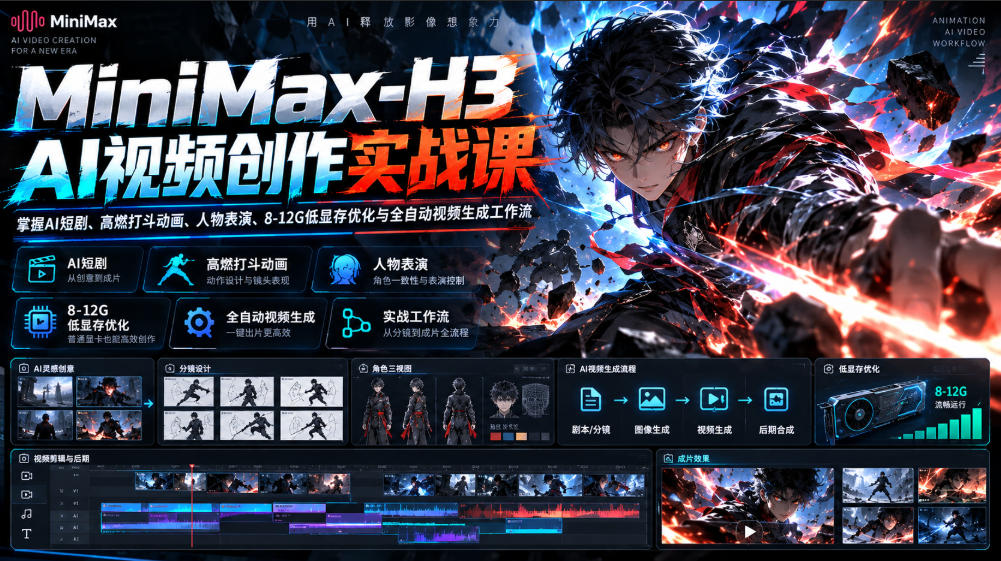 MiniMax-H3 AI视频创作实战课,掌握AI短剧、高燃打斗动画、人物表演、8-12G低显存优化与全自动视频生成工作流