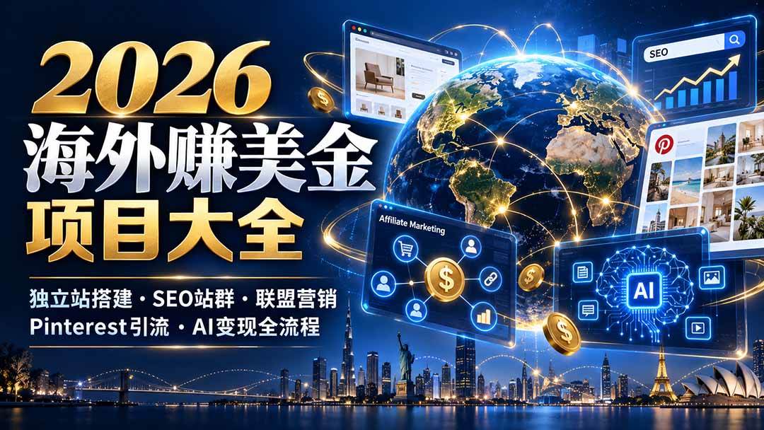 (21200期)2026海外赚美金项目大全:独立站搭建、SEO站群、联盟营销、Pinterest引流与AI变现全流程